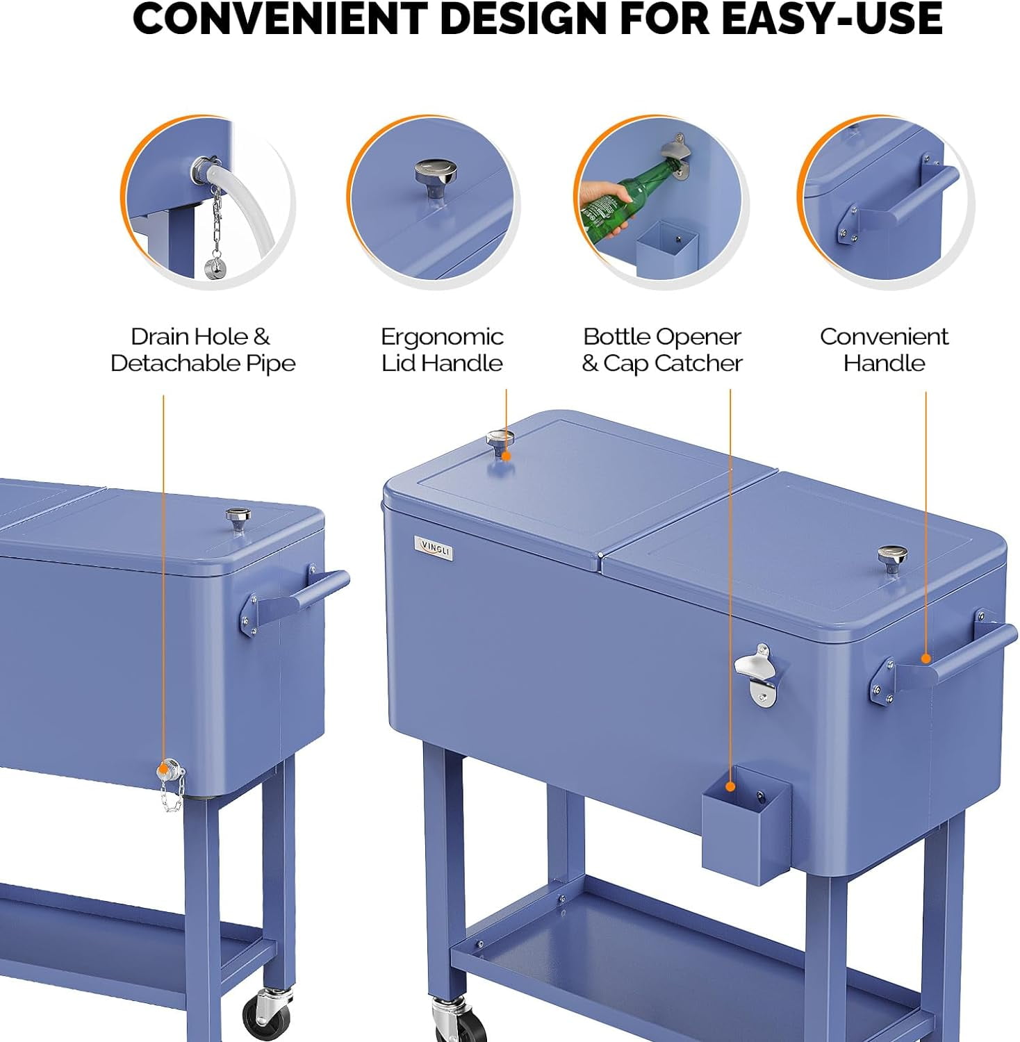 VINGLI 80 qt Steel Cooler Cart, Refrigeration Insulation