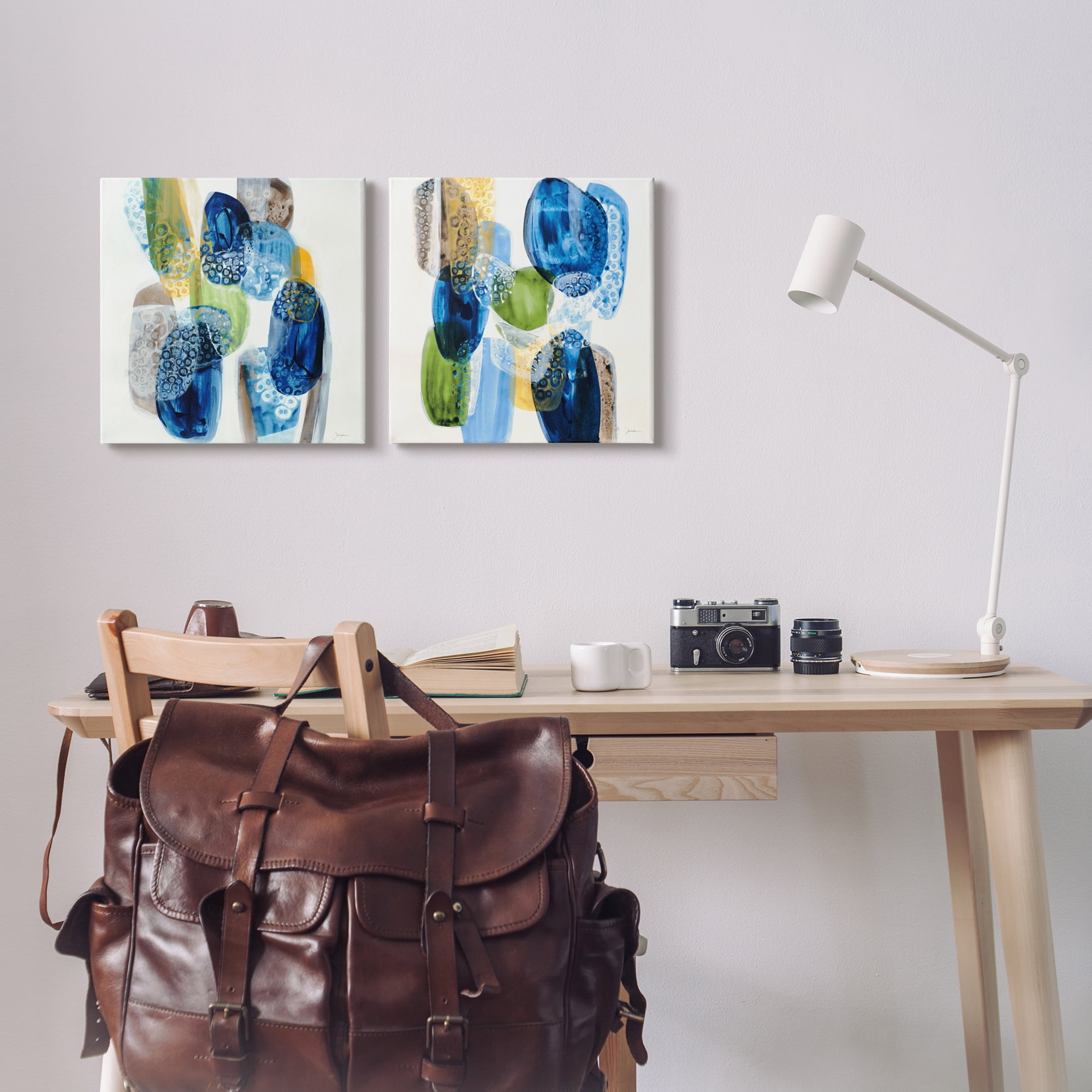 Stupell Industries Round Abstract Pebbled Shapes Layered Blue Tones Painting Gallery Wrapped Canvas Print Wall Art, Set of 2, Design by Liz Jardine