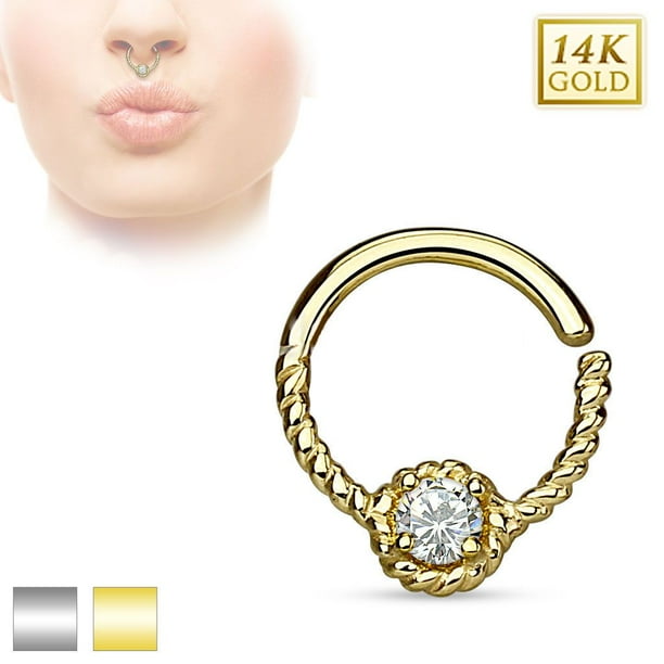 14K Septum Ring Solid Gold CZ Braided Piercing Daith Nose Helix