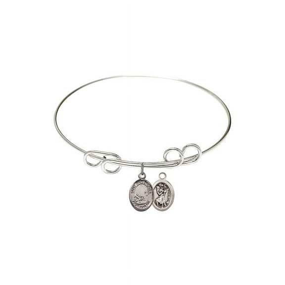 8 inch Round Double Loop Bangle Bracelet w/ St. Christopher / Fishing in Sterling Silver