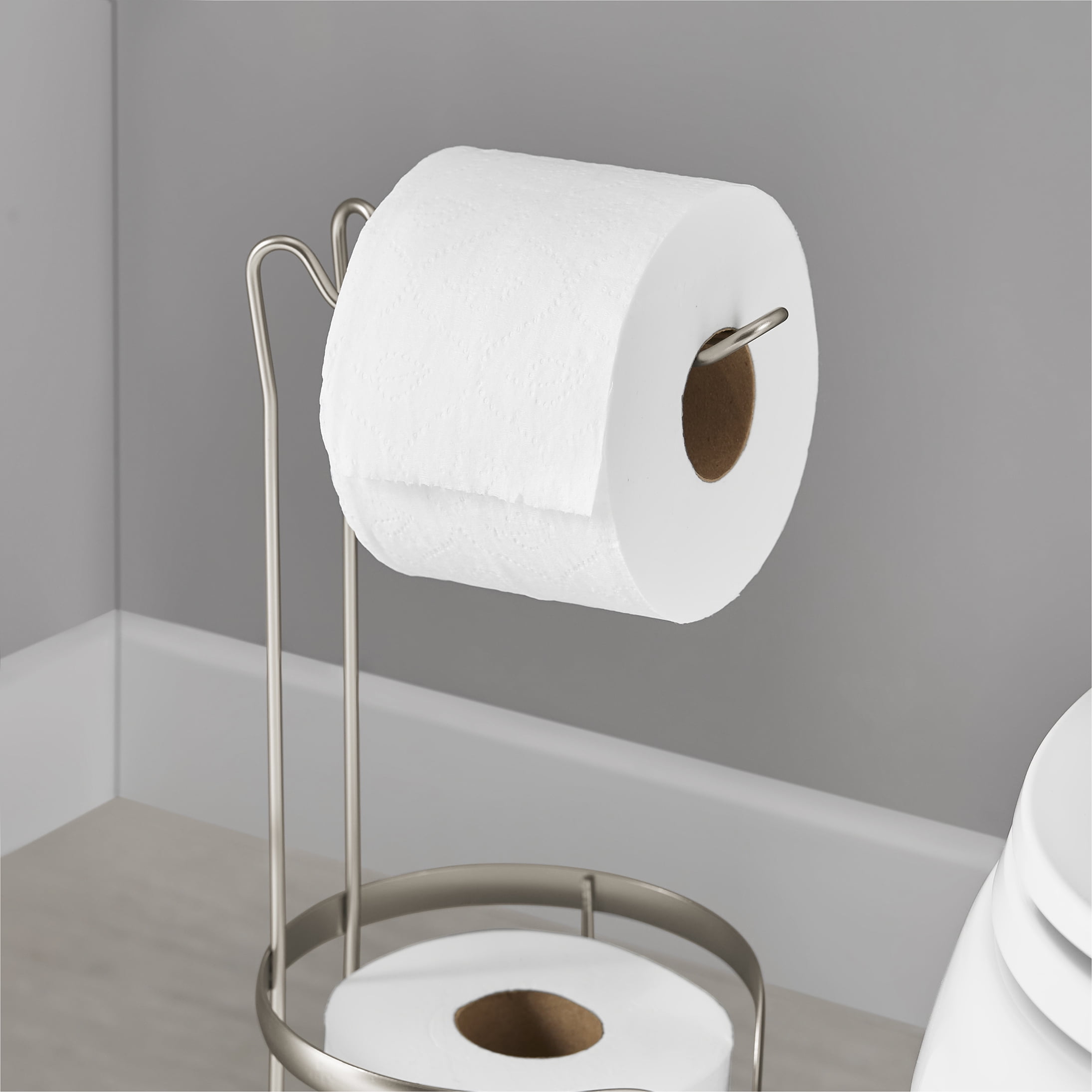 Mainstays Free Standing Satin Nickel Toilet Paper Holder and Roll Reserves Storage