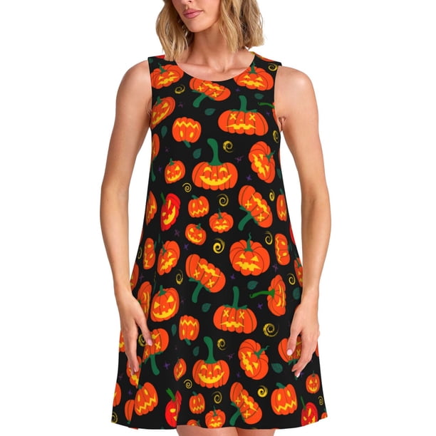 Disketp Pumpkin Fallen Leaves para Vestido sin Mangas para Mujeres, Vestidos de Verano para Mujeres, Casual y Holgado para la Playa