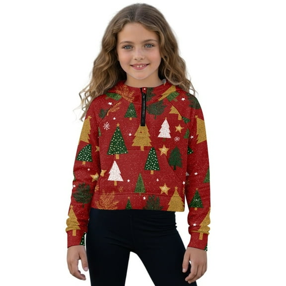 Xoenoiee Christmas Tree Snowflake Star Print Sweatshirts for Girls Kids Half Zipper Hoodie Xmas Long Sleeve Crop Top Fall Winner Pullover Jacket with Pocket, Size 7-8 Years