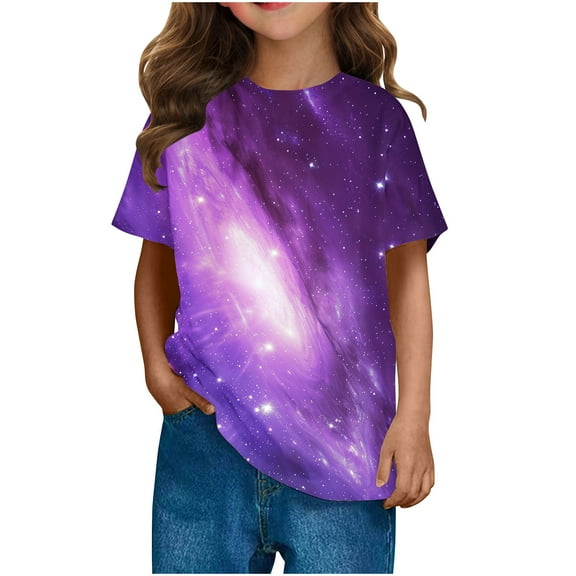 Kids Space Galaxies T Shirts Short Sleeve 3D Graphic Tees Shirts Funny Crew Neck T-Shirts Neon Novelty Clothes Purple， 5 Years
