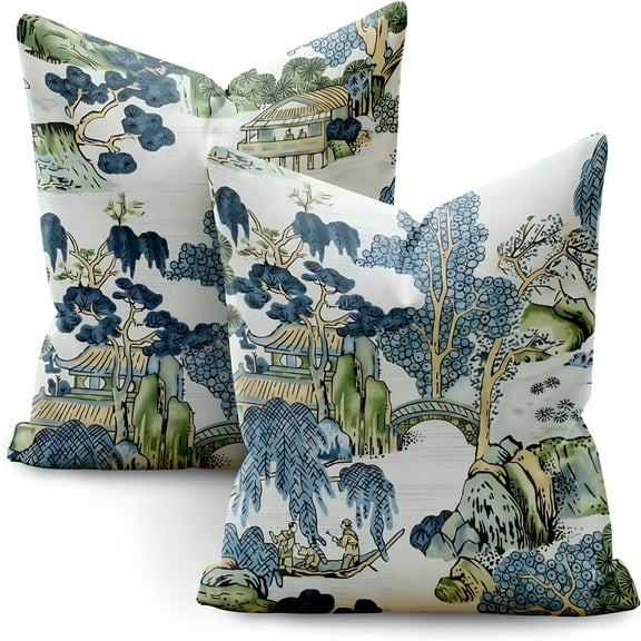 LAMIRO Chinoiserie Pillow Covers 20x20 Set of 2,Blue and White Pillow Covers Outdoor Decorative Linen Pillow Covers for Couch Bed Sofa Cushion Farmhouse Pillowcases