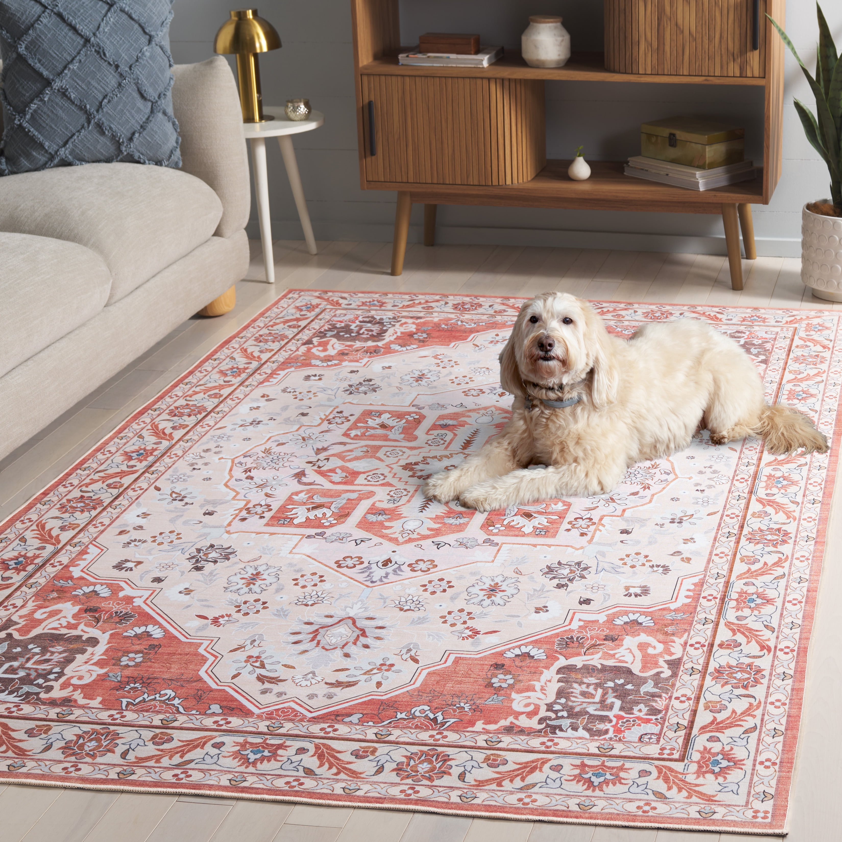 SAFAVIEH Tucson Luvina Oriental Machine Washable Area Rug, Rust/Ivory, 5' x 8'