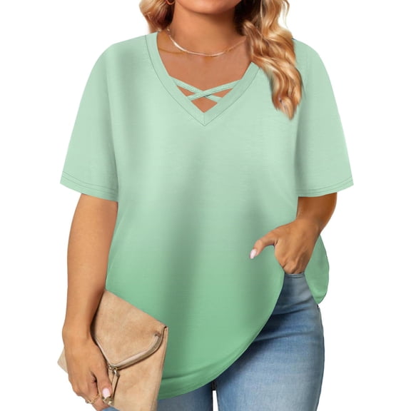 Aimik Plus Size Top for Women Summer Gradient Print Crisscross V Neck Short Sleeve Daily Soft Blouses Loose Fit Casual Tops