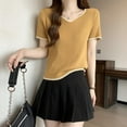 thumbnail image 4 of JGGSPWM Womens Plus Size Short Sleeve Ribbed Knit Sweater Pullover Casual Sweetheart Neck Contrast Slim Fitted Top Yellow L, 4 of 4