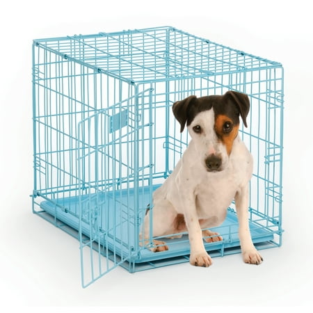 Blue Dog Crate | MidWest iCrate 24" Blue Folding Metal Dog Crate w/ Divider Panel, Floor Protecting Feet & Leak Proof Dog Tray | 24L x 18W x 19H Inches, Small