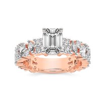 IGI Certified 3 Carat Emerald Shape Lab Grown Diamond Engagement Ring | 14K Rose Gold | Skylar Side Stone Encrusted Diamond Ring | FG-VS Quality Friendly Diamonds