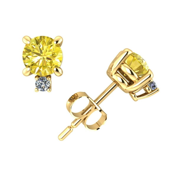 1.00CT Round Cut Yellow Diamond Stud Earrings with Accents 14k Yellow Gold Prong Set I1
