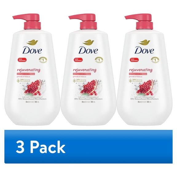 (3 pack) Dove Body Wash for Women Rejuvenating Pomegranate & Hibiscus All Skin, 30.6 oz with Pump