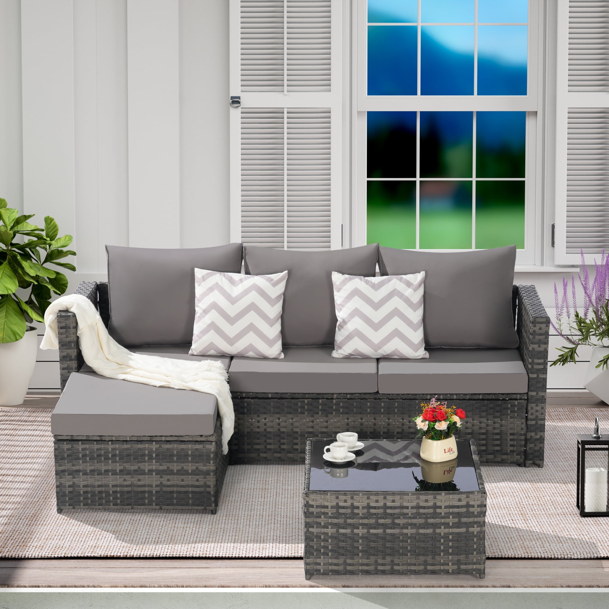 Aukfa Outdoor Patio Furniture Set - L shape Wicker Sectional Sofa with Coffee Table - Gray Cushions