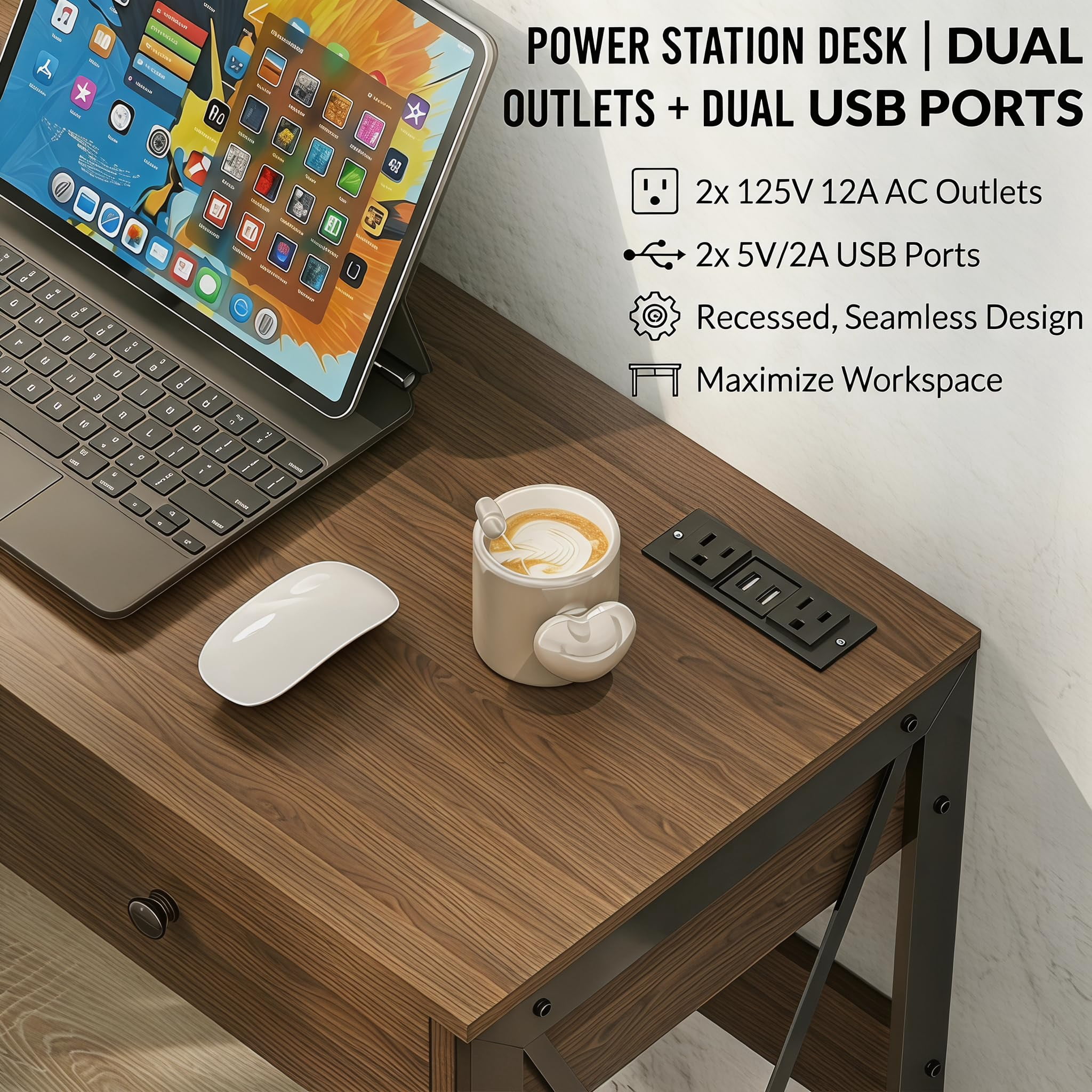 Manxile Computer Desk with Drawers,Study Table with USB Ports & Power Outlet for Home Office Bedroom