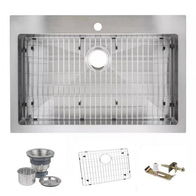 Miseno MNO3322SRTM 33 in. Top-Mount & Undermount Single Basin Stainless Steel Kitchen Sink with Drain Assembly & Fitted Basin Rack