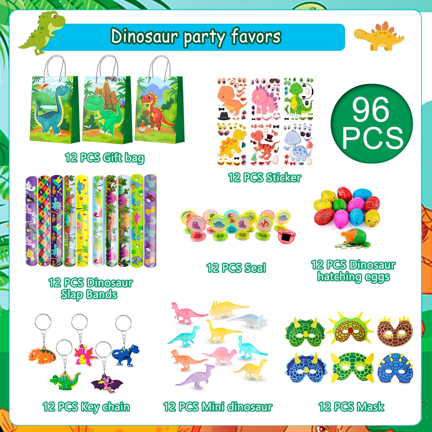 Dinosaur Party Favors for Kids, 96pcs All-in-One Dinosaur Birthday Party Favors Set - Dino Party Favor Bags Keychains Stampers Stickers Toys Clap Bracelets etc Dinosaur Birthday Party Supplies