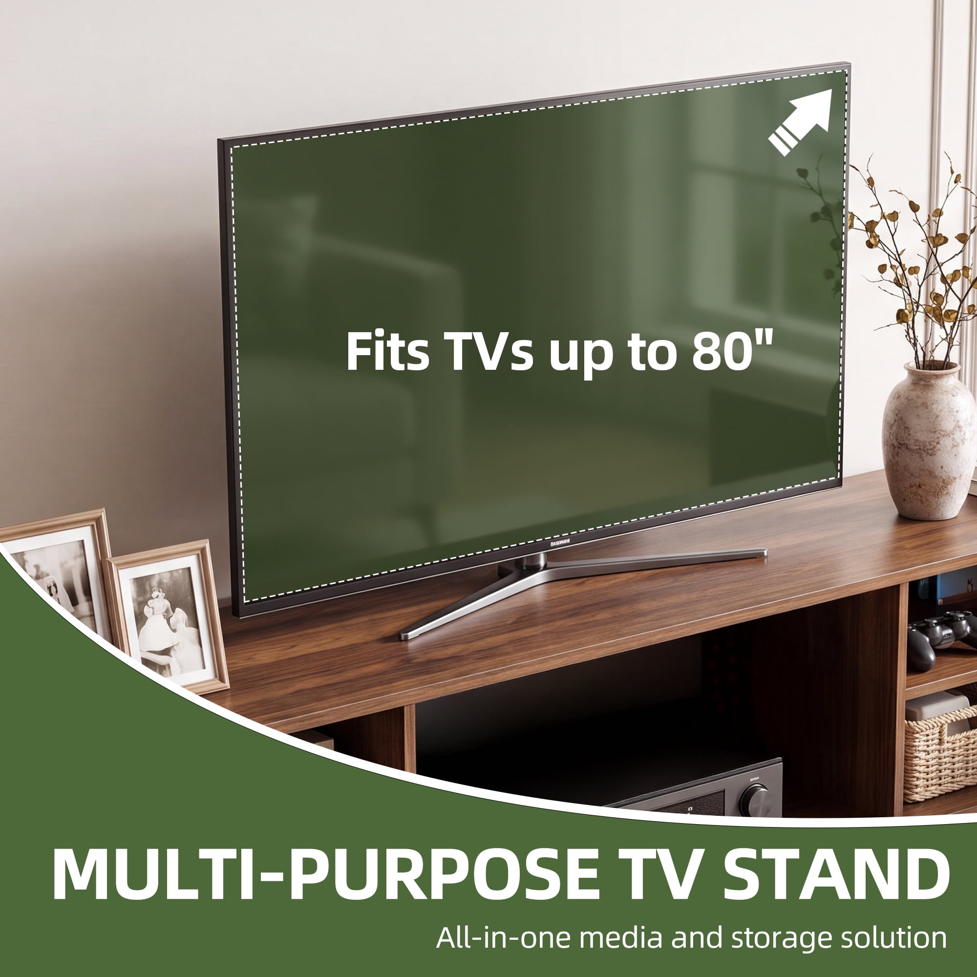 Uforic 70 Inch Mid-Century Modern Fluted TV Stand with Built-in Charging Station, Adjustable Shelves & Cable Management for 75/80 Inch TVs, Walnut Oak