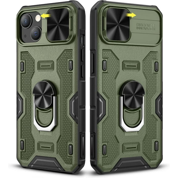 For iPhone 13 Case, iPhone 14 Case with Camera Cover & Kickstand, Built-in 360°Rotate Ring Stand with Camera Lens Protection Magnetic Magnet Protective Phone Case for iPhone 13 iPhone 14-Green