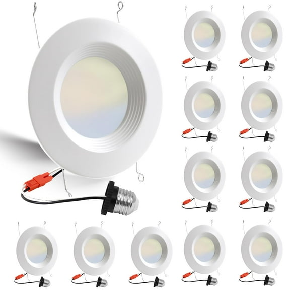 12 Pack 5/6 Inch 5CCT LED Recessed Light Retrofit, 2700K/3000K/4000K/5000K/6500K Selectable Downlight, Dimmable Can Lights with Metal Baffle Trim, CRI 90, 10.5W=85W, E26