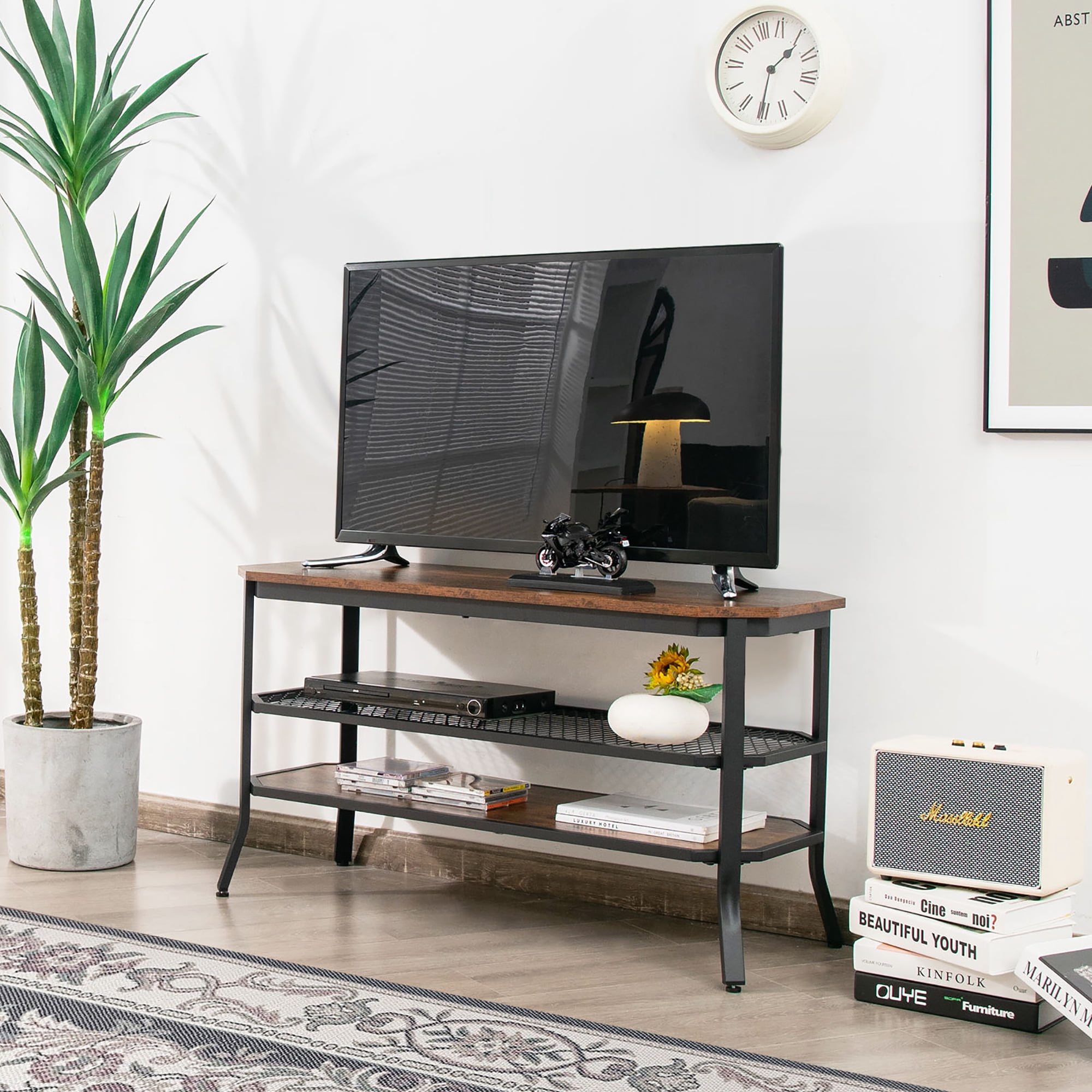 Costway 3-tier TV Stand Console Table Media Entertainment Center w/Mesh Storage Shelf