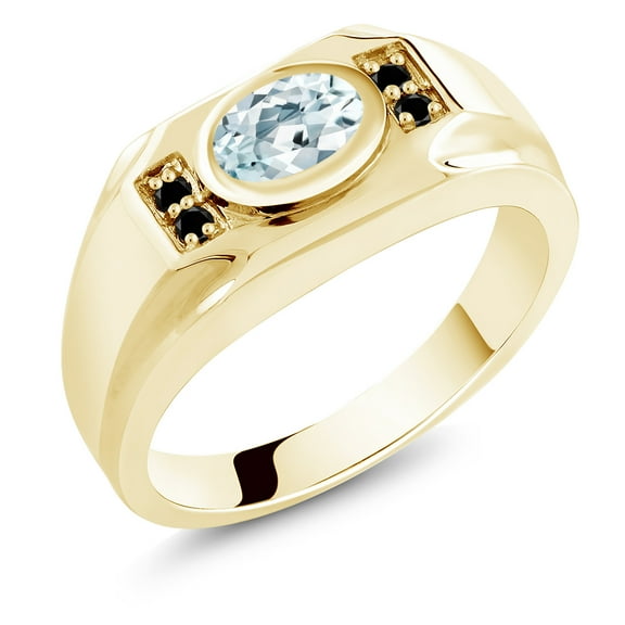 Gem Stone King Men's 18K Yellow Gold Plated Silver Sky Blue Aquamarine and Black Diamond Ring (1.33 Cttw, Gemstone March Birthstone, Oval 8X6MM,, Size 8)