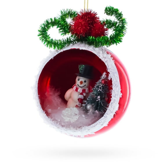Festive Snowman and Christmas Tree Glass Ornament