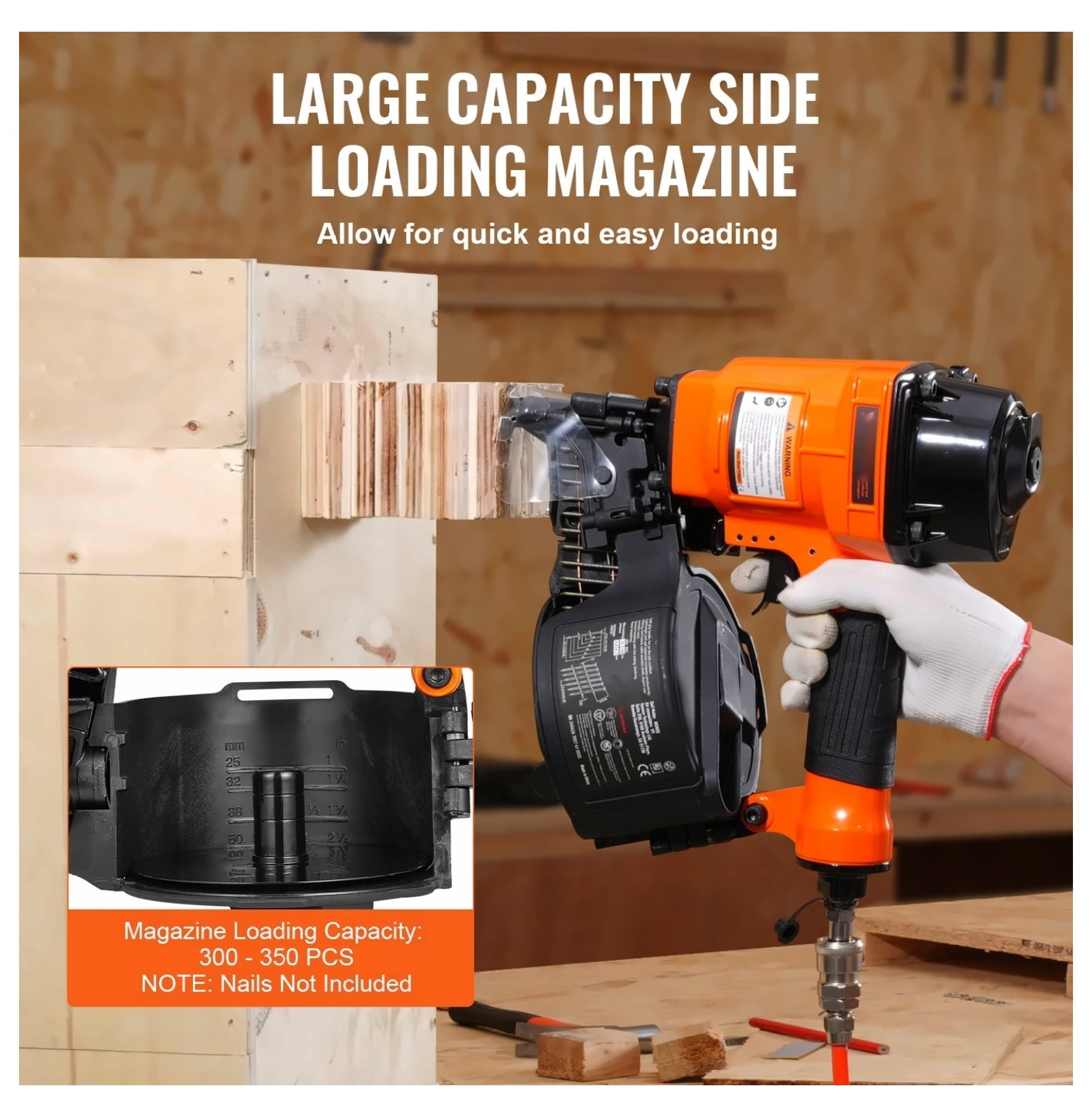 MCN55 Coil Nailer, 15 Degree Pneumatic Siding Nail Gun - 1 to 2-1/4 Inch - Wooden Pallet, Fence & Furniture Assembly - High Capacity 350 Nails