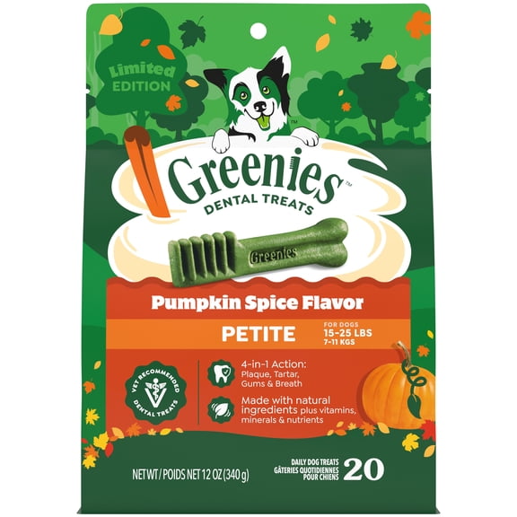 Greenies Pumpkin Spice Flavor Adult Natural Dental Dog Treats Petite Size, 12 oz Pack (20 Count)