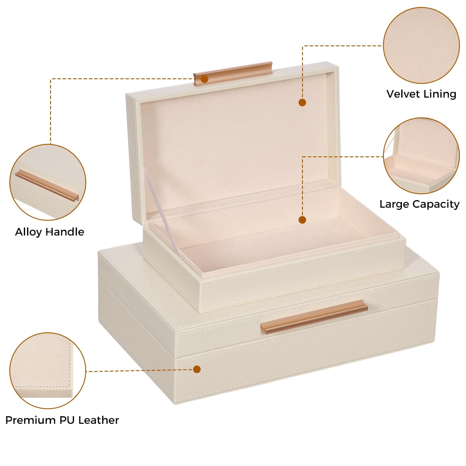 Decorative Boxes With Lids 2-set  Memory Box For Keepsakes Saving Space Beautiful Pu Leather Keepsake Storage Metal Handles Store Photos Documents White