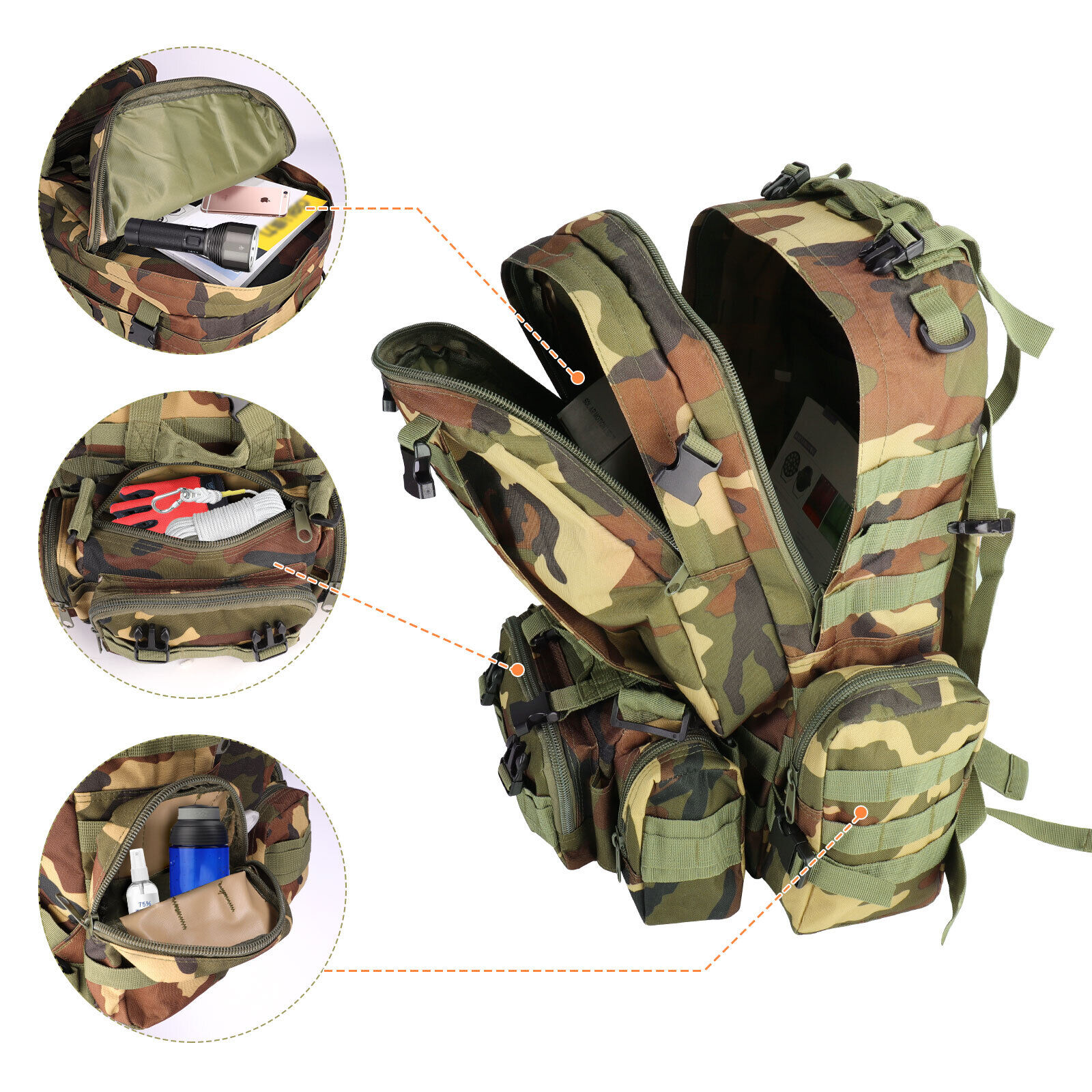 55L Military Tactical Backpack Waterproof for Men Hiking Hunting Rucksack Travel Bag , Jungle Camo - image 5 of 8
