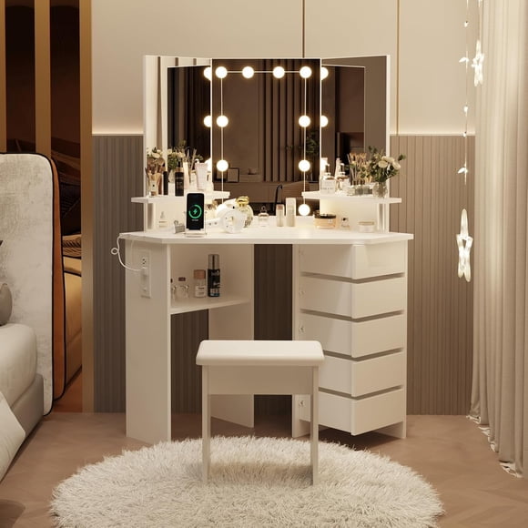 Yiwa Vanity Desk with Mirror and Light, Makeup Vanity Desk with Power Strip, and 5 Rotating Drawers, 3 Color Lighting, Adjustable Brightness, Shelves and Stool, Corner Dressing Table for Women Girls