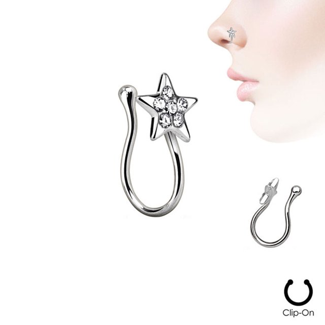 Pince de Nez Sans Perçage - Étoile Plaquée Ionique avec Gemmes en Zircone Cubique Transparente - Vendue à l'Unité
