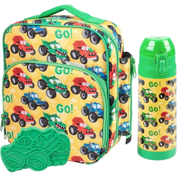 Bentology Kids Lunch Bag Set w Matching Reusable Water Bottle & Hard Ice Pack- Green Monster Trucks- Insulated Tote, Stainless Steel Insulated Thermos, Hard Ice Pack- School Lunchbox Kits