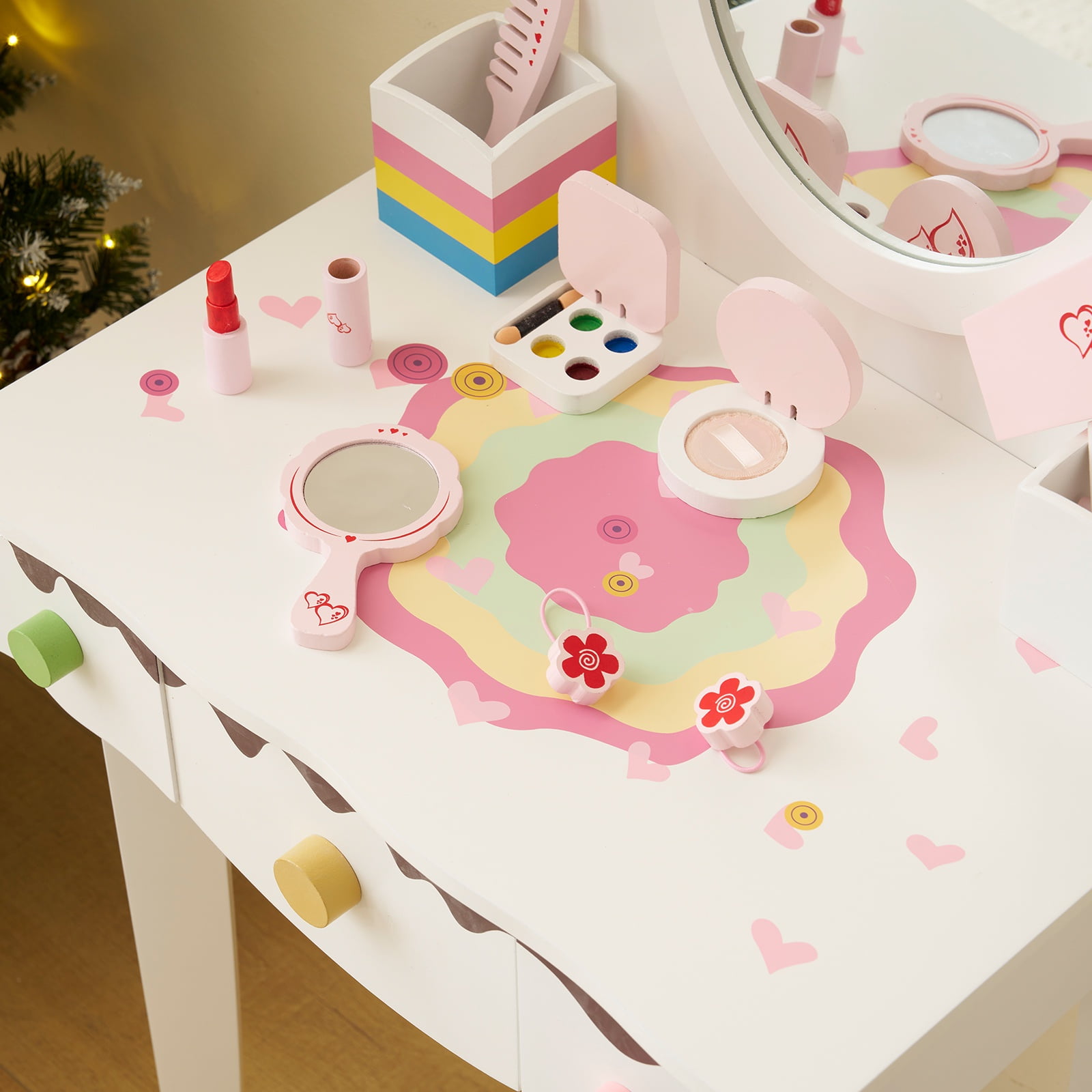 Paproos Kids Vanity with Mirror, Wood Girls Vanity Set with Drawers & Stool, Princess Toddler Dressing Table with 7Pcs Pretend Play Makeup Toys, Makeup Vanity Table for Littler Girls Aged 3+, White