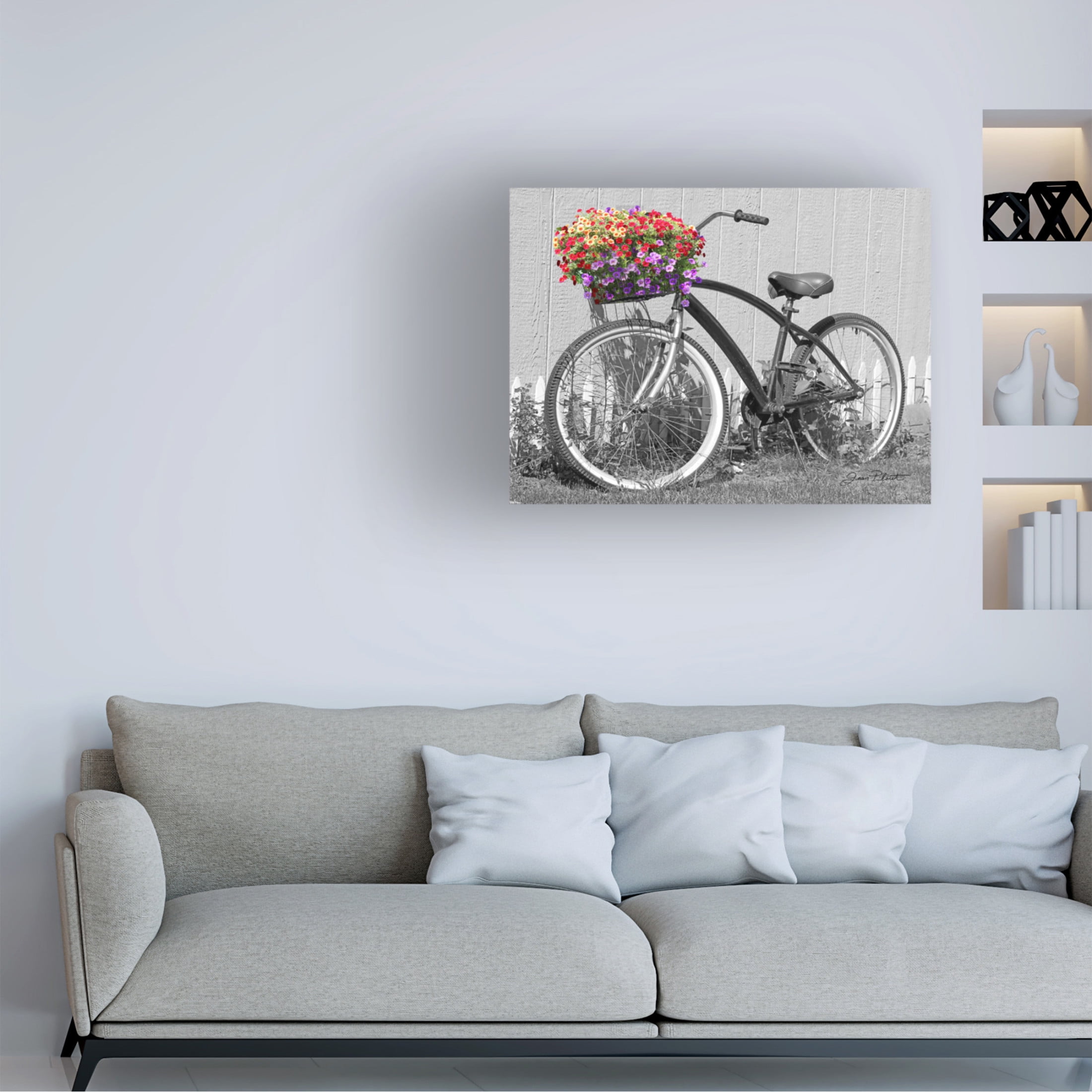Canvas Wall Art - Jean Plout 'Bike With Flower Basket A' Wall Art for Living Room, Bedroom, or Office Décor by Trademark Fine Art - 32 x 24 Inches
