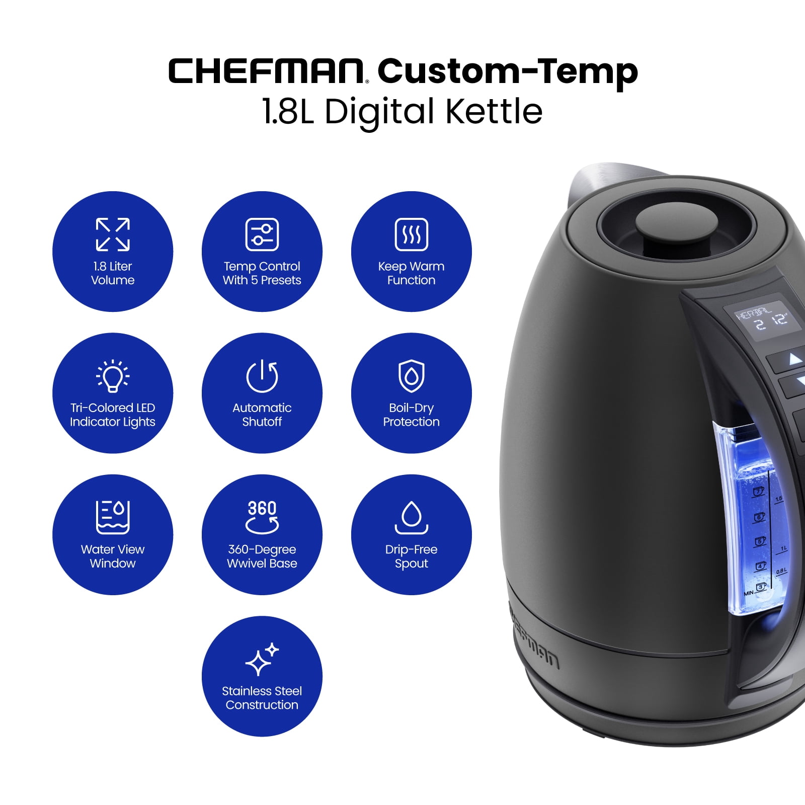Chefman 1.7 Liter Electric Kettle, Temp Control, LED Light, Auto Shutoff, Stainless Steel, Black