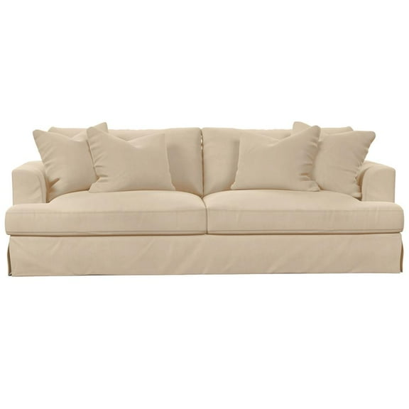 Sunset Trading Newport 94" Fabric Slipcovered Recessed Fin Arm Sofa in Tan