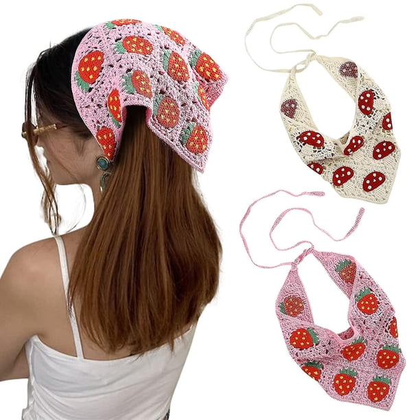 2 uds. Pañuelos de pelo florales de ganchillo para mujeres y niñas, pañuelos de pelo de punto con patrón de hongo de fresa, pañuelo de pelo de ganchillo de estilo dulce