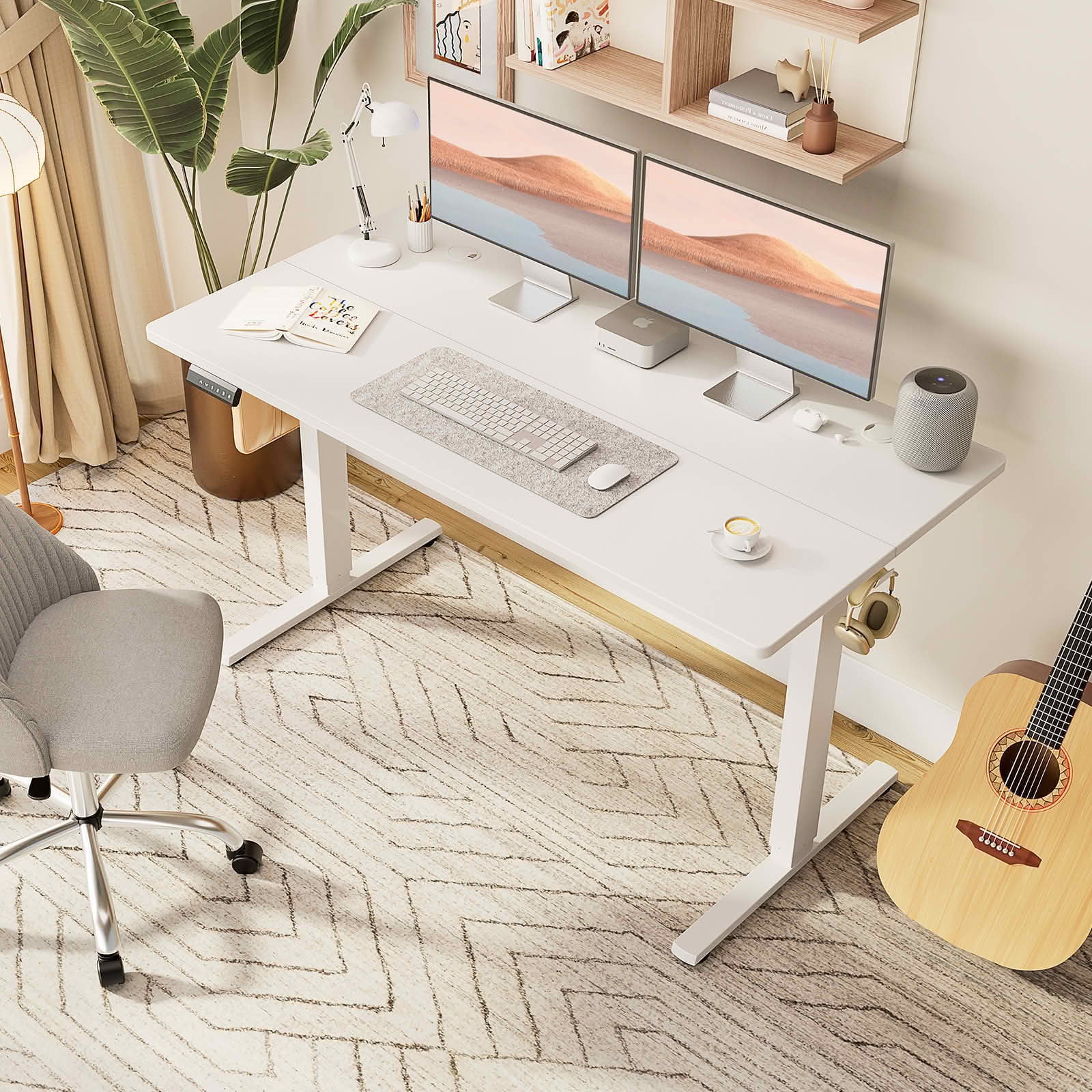 MAYEERTY 48x24 Ergonomic Height Adjustable Desk, T-Shaped Metal Bracket, Computer Workstation, White