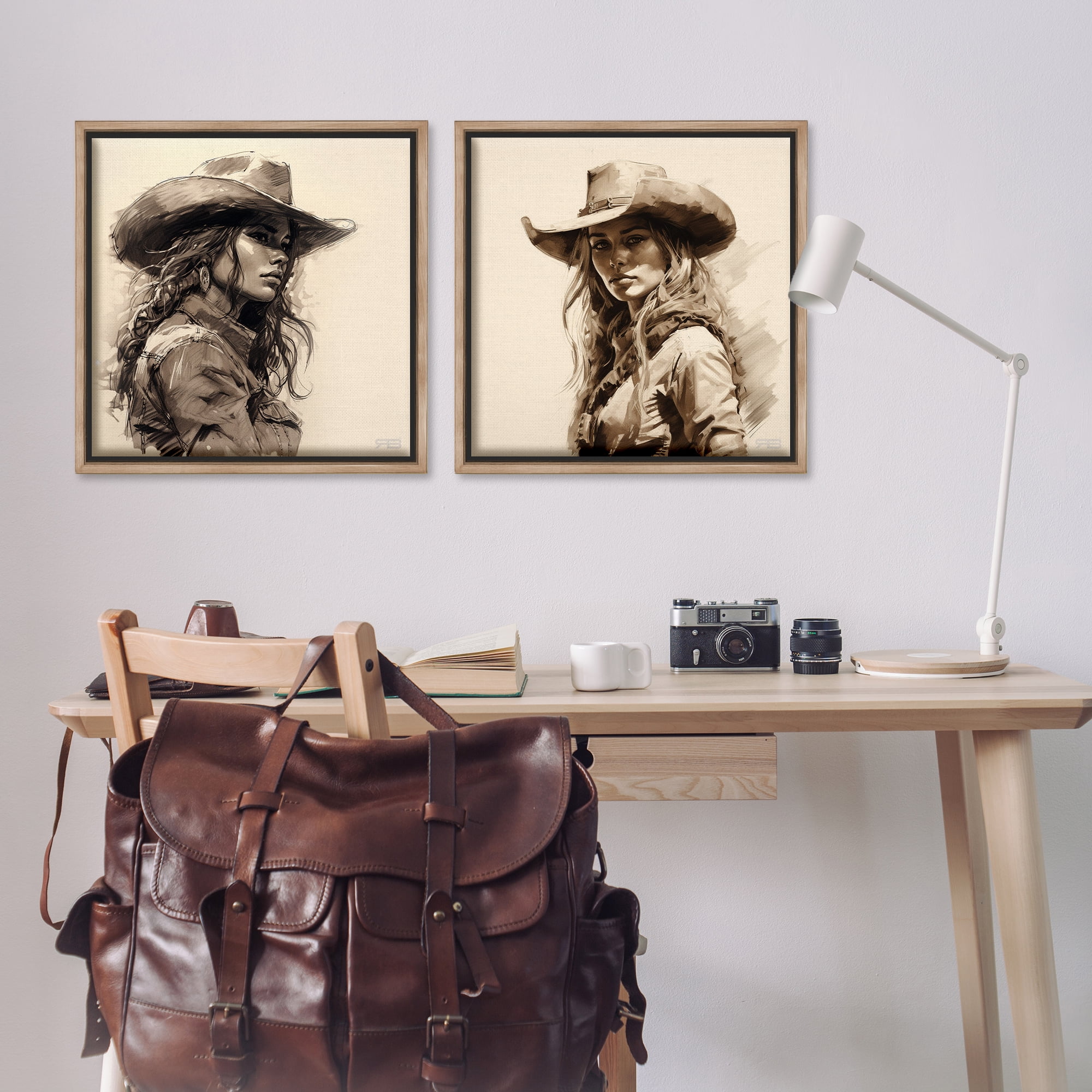 Stupell Industries Trendy Cowgirl Beauties People Painting Brown Floater Framed Canvas Art Print Wall Art, 25 x 25, Set of 2