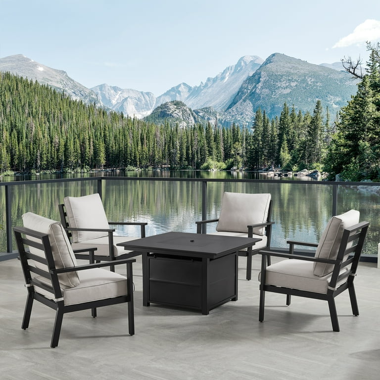 Martha Stewart Caldwell Outdoor 5 Piece All Weather Resistant Aluminum Patio Conversation Set with Fire Table in Grey