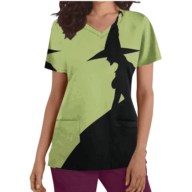 Tops Cortos para las Mujeres, Cuello en V Imprimido Halloween Manga Corta Ropa de Trabajo con Bolsillo, Poliéster Casual