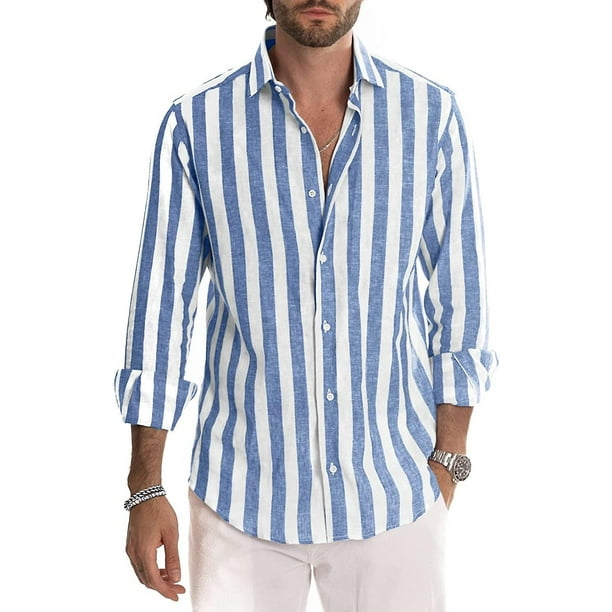 Camisas Lmell para hombre, manga larga, a rayas, informal, con botones, de ajuste regular. Regalo largo