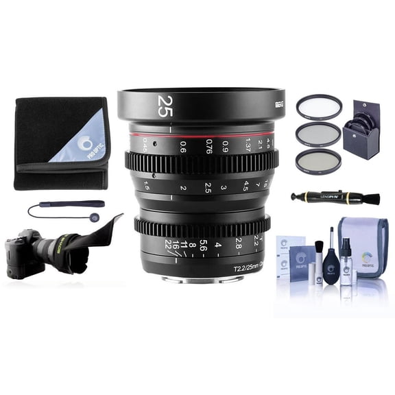 Meike 25mm T2.2 Cinema Lens for Sony E, Bundle with 77mm Essentials Filter Kit, Cleaning Kit, Lens Wrap, Capleash II, Lens Cleaner, Flex Lens Shade