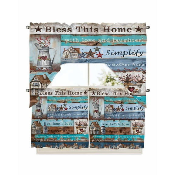 Rustic Star Farm Kitchen Curtains Swag Valance and Tier Curtains Set 24 Inch Length, American Country Berry Wood Grain Rod Pocket Drape Panels Pair Swag Curtains for Bathroom/Cafe/Window