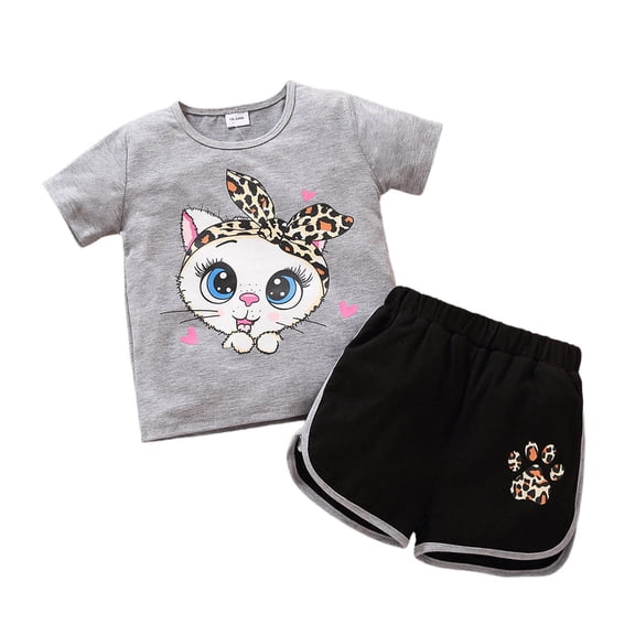 Laipiong Girls Two Piece Outfits Cute Big Eyed Cat Print Summer Casual Top And Shorts For Toddlers And Kids Grey 18-24M