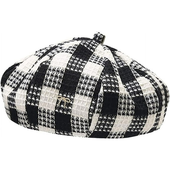 CoCoMangos Black and White Plaid Beret Hats for Women Ladies Casual Stylish French Style Painter Hat Checked Pumpkin Beanie Cap