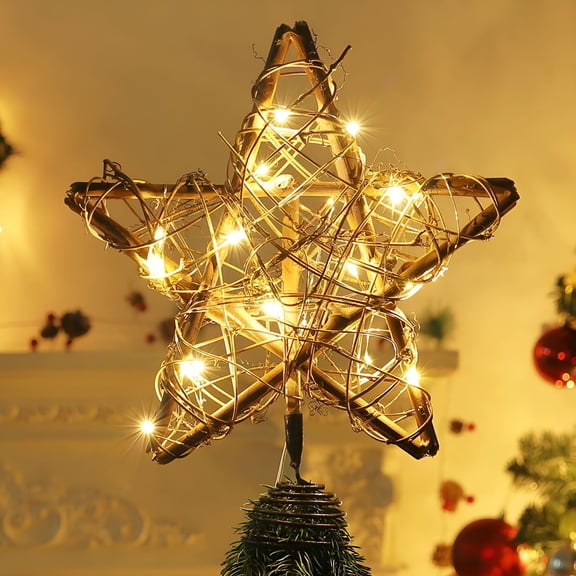 BESTSKY Christmas Tree Star,Christmas Tree Ornament Lighting Topper,5 Pointed Wooden Rattan Star with Led Lights for Christmas Tree,Christmas Decorative Light