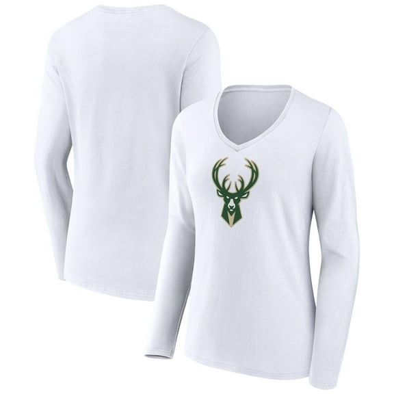 Women's White Milwaukee Bucks Logo Long Sleeve V-Neck T-Shirt