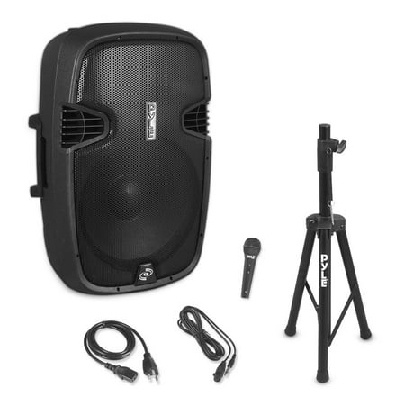 PYLE PPHP155ST - Bluetooth Active-Powered Loudspeaker Cabinet Kit - Wireless Music Streaming PA Speaker System, FM Stereo Radio, USB/SD Readers, Includes Speaker Stand, Wired Microphone (15''